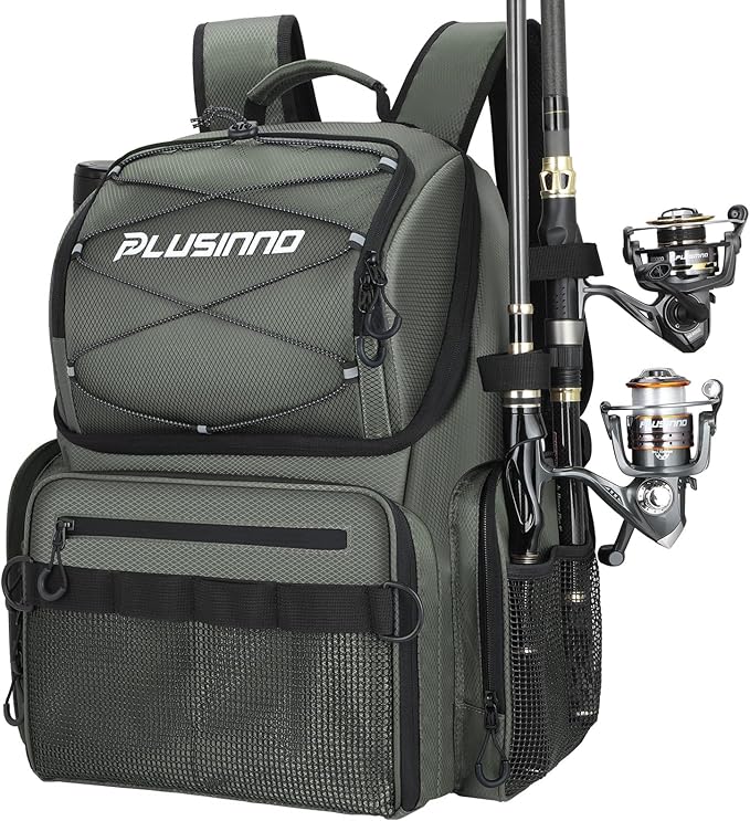PLUSINNO Cooler Fishing Backpack with Rod Holders 45L Large Water-resistant Fishing Tackle bag Store Fishing Gear Fishing Gifts for Men Father, Sport Bags
