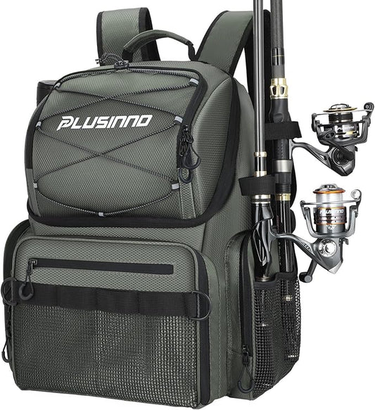 PLUSINNO Cooler Fishing Backpack with Rod Holders 45L Large Water-resistant Fishing Tackle bag Store Fishing Gear Fishing Gifts for Men Father, Sport Bags