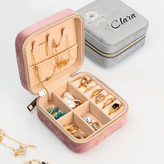 Custom Birth Month Flower Jewelry Box with Name, Plush Velvet Travel Jewelry Case Organizer, Personalized Birth Month Flower, Women's Favorite Things, Gifts For Daughter, Girlfriend, Mom and For Her