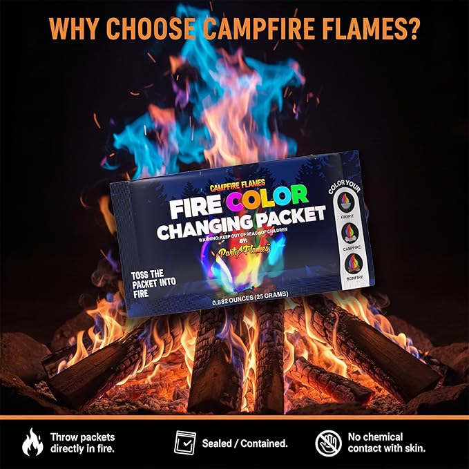 Magic Campfire Fire Color Changing Packets for Fire Pit (12 Pack) Outdoor Fireplaces & Bonfires, Rainbow Colored Flames – Perfect Camping Essential & Accessories for Kids & Adults - Campfire Flames