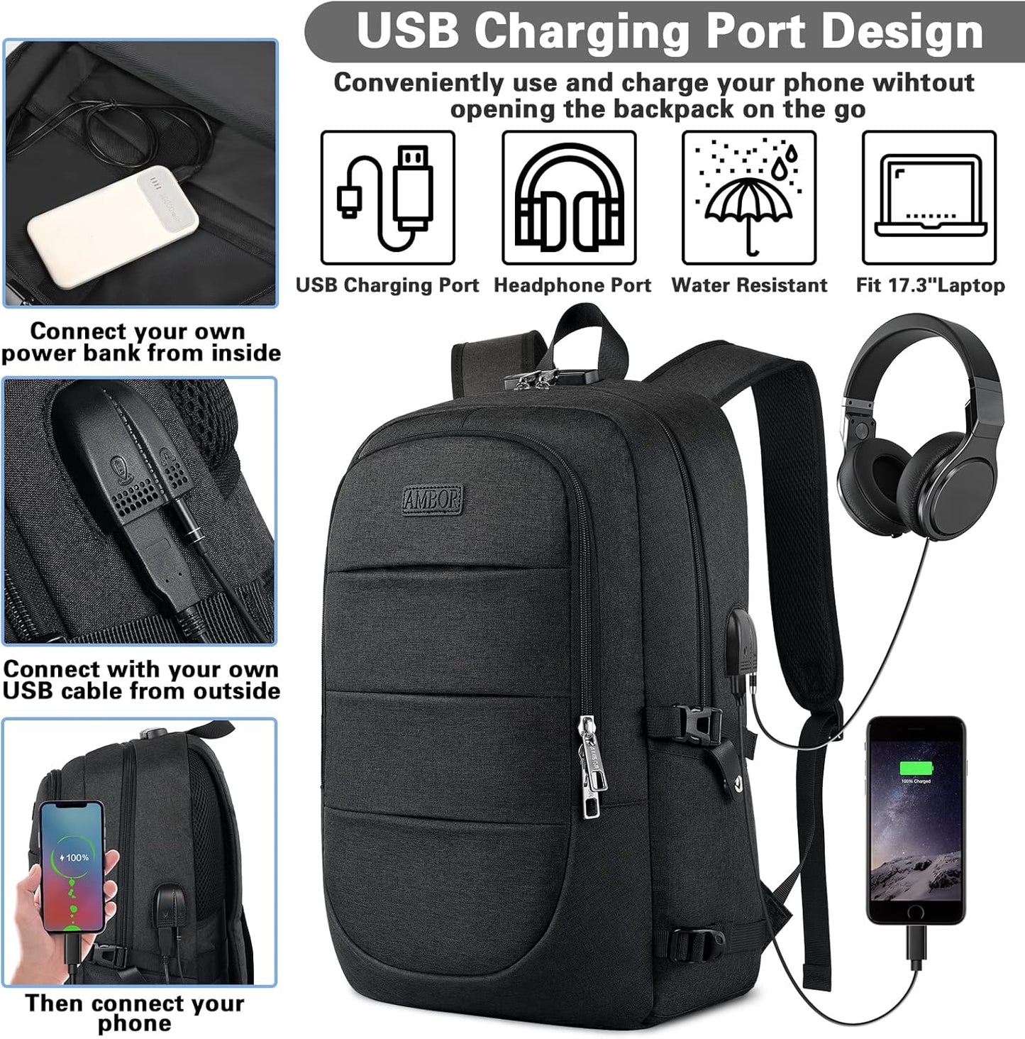 AMBOR Travel Laptop Backpack for Ｍen, 15.6-17.3 inch Laptop Backpack for School, Anti Theft Business Work Backpack with USB Charging Port, Water Resistant College Computer Bag for Men & Women, Black - Roamly
