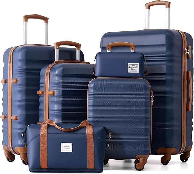 LONG VACATION Luggage Set 6 Piece Luggage ABS hardshell TSA Lock Spinner Wheels Luggage Carry on Suitcase (NAVY, 6 piece set)