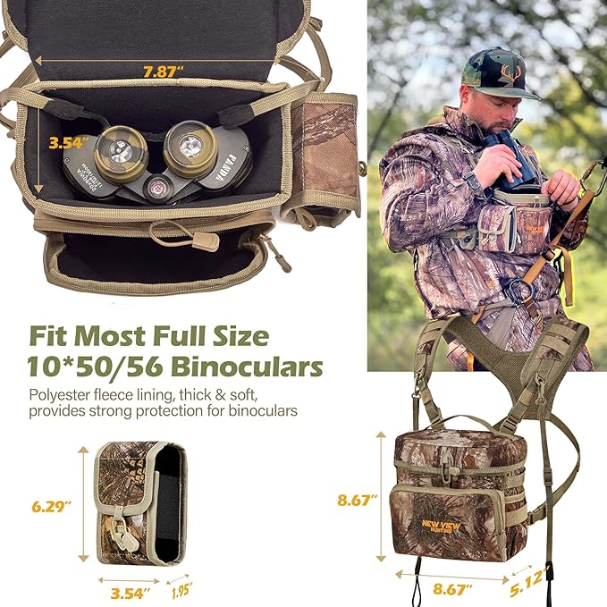 NEW VIEW Bino Packs for Hunting - Binocular Straps Harness Chest Pack with Detachable Rangefinder Pouch, Adjustable Camo Binos Harness & Rain Cover - Ideal for Bow Hunter- Large