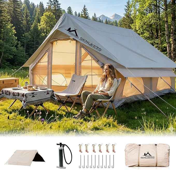 Inflatable Camping Tents 8-10 Person,129 Square Feets Large Inflatable Camping Tent with Stove Jack,Blow up Tent with Mesh Windows & Pump