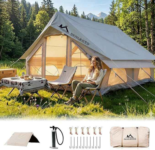 Inflatable Camping Tents 8-10 Person,129 Square Feets Large Inflatable Camping Tent with Stove Jack,Blow up Tent with Mesh Windows & Pump