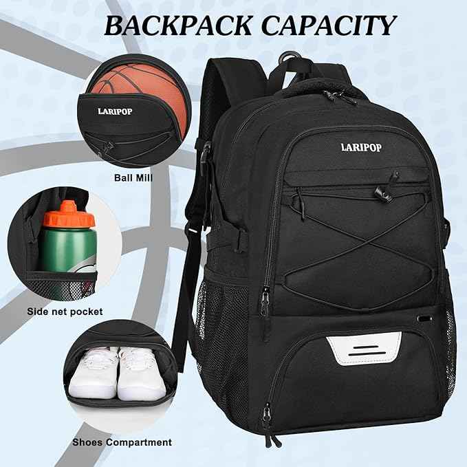 LARIPOP Basketball Backpack Large Basketball Bag with Ball Holder & Shoe Compartment for Youth Adults Men Women