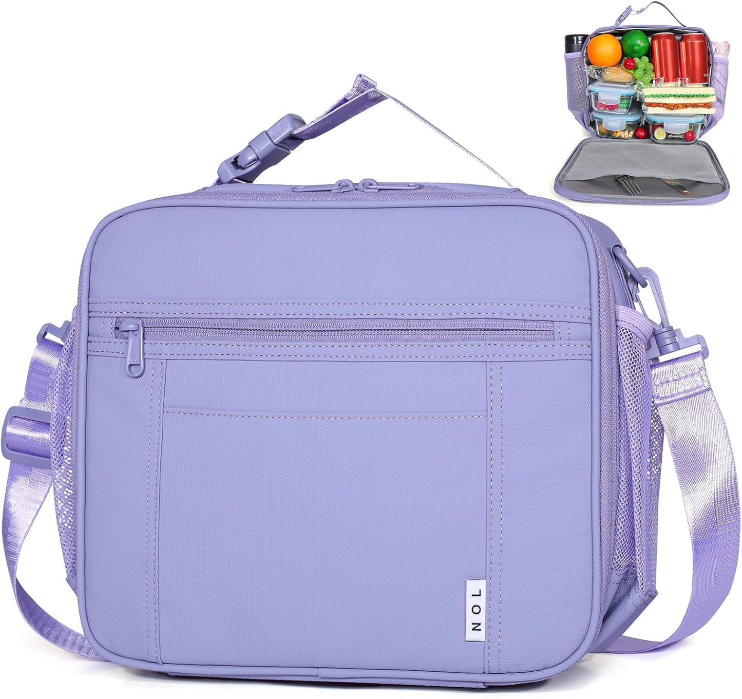 NOL Kids Lunch Bag -Kids 3+ Reusable Insulated Lunch Box with Zipper Closure Buckle Handle Adjustable Long Shoulder Strap, Easy-Clean Waterproof Fabric, Children Lunch Tote Bag for School-Light purple