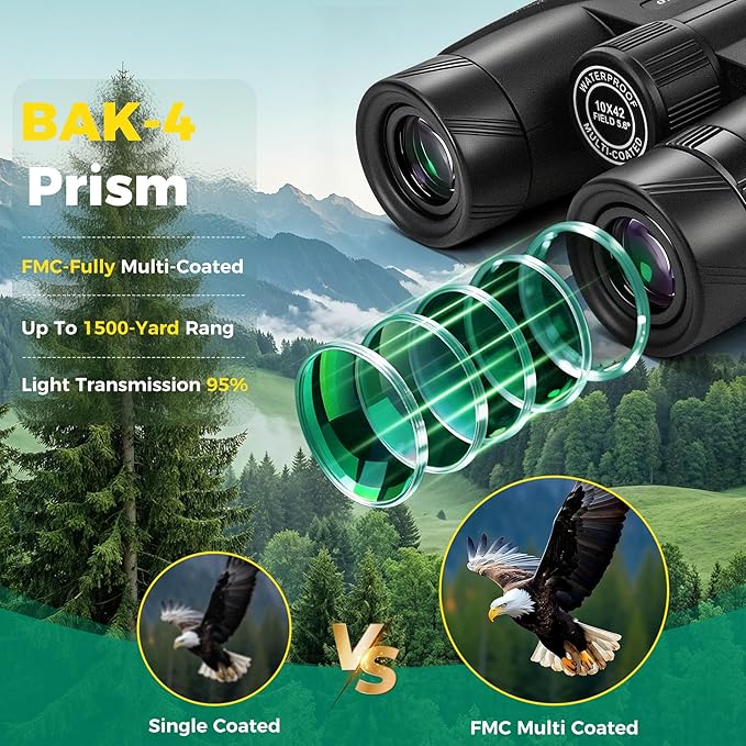 10x42 UHD Binoculars for Adults High Powered Waterproof Large View with Clear Vision & Compact Binocular Essentials for Hunting Camping Cruise Travel Bird Watching Sports