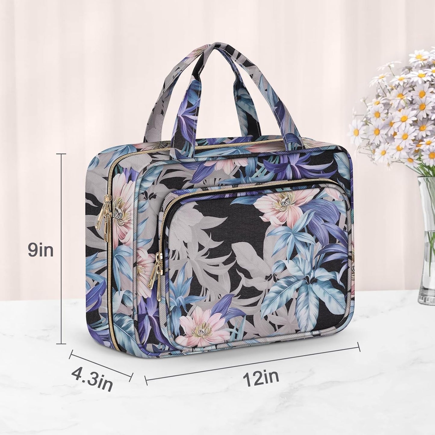 Wedama Toiletry Bag for Women, Large Cosmetic Travel Bag, Hanging Toiletry Bag for Bathroom, PVC Waterproof Makeup Bag, Toiletries Bag for Travel Business Trips and Camping, Black+Brown Floral - Roamly