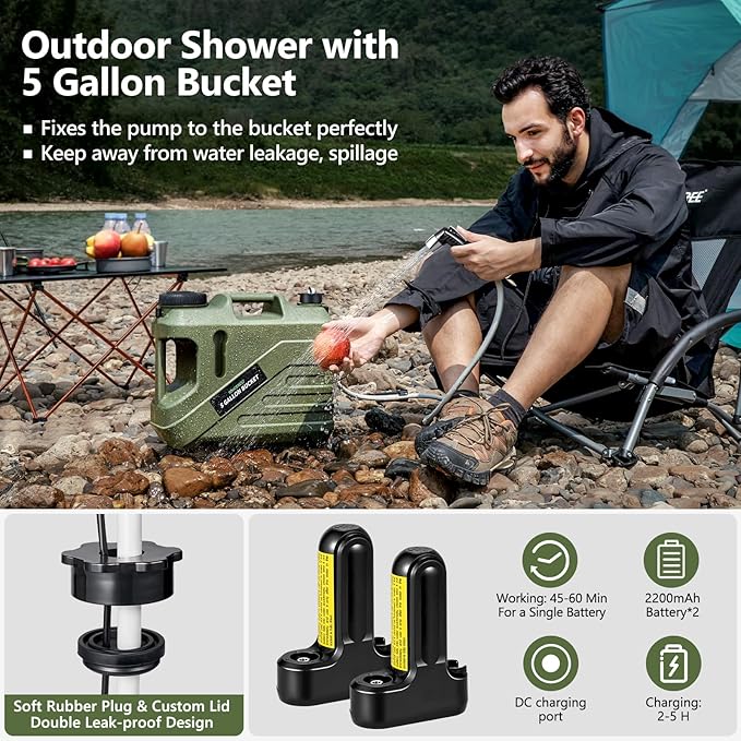 SPACEREST Portable Shower for Camping with Integrated Design – Spill-Resistant, Electric Camping Shower, 5-Gallon Food-Grade Water Jug for Outdoor, Beach, Hiking, Dog Wash, 2 Batteries