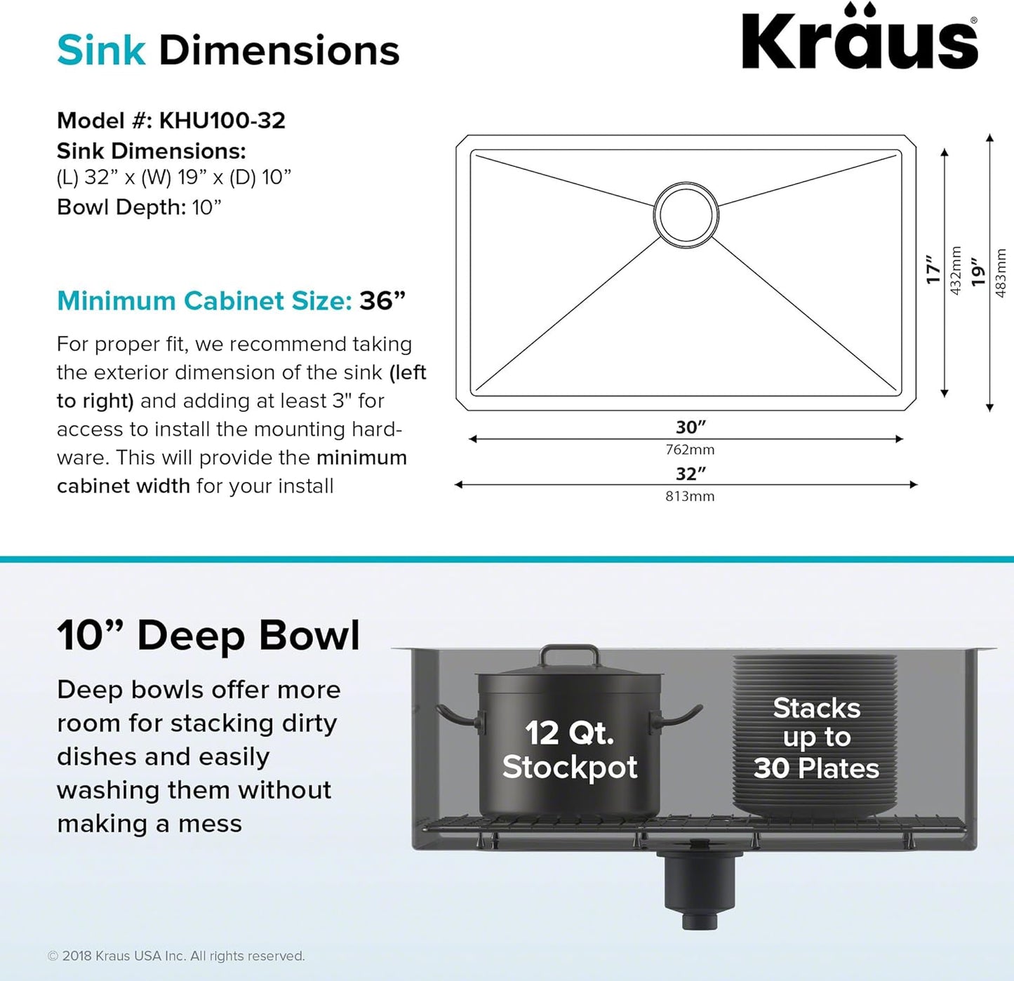 KRAUS Standart PRO™ 32-inch 16 Gauge Undermount Single Bowl Stainless Steel Kitchen Sink with WasteGuard™ Continuous Feed Garbage Disposal, KHU100-32-100-75MB