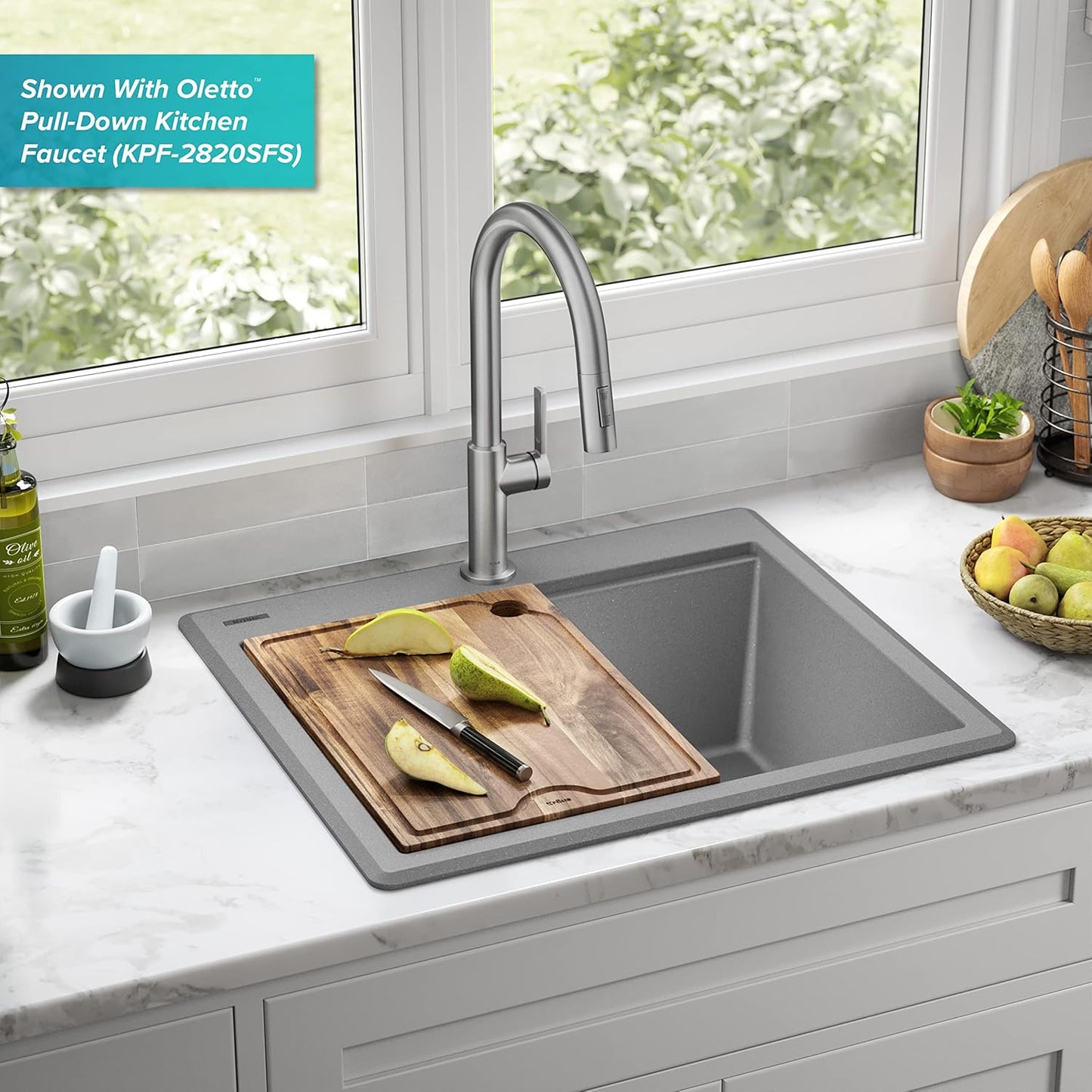 KRAUS Bellucci 25-inch Granite Workstation Drop In Top Mount Single Bowl Kitchen Sink in Metallic Grey with Accessories, KGTW12-25MGR