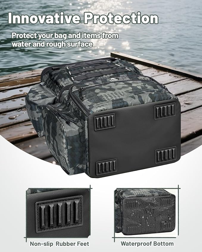 MATEIN Fishing Backpack with 4 Tackle Boxes, Fishing Bag with Rod Holder & Safety Compass & Cooler, Gifts for Fishermen