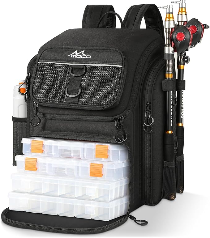 MoKo Fishing Backpack Bag, Large 40L Tackle Backpack with Rod Holders & Bait Binder Storage Fishing Gear and Equipment for Hiking Camping, Gifts for Men Father, Black