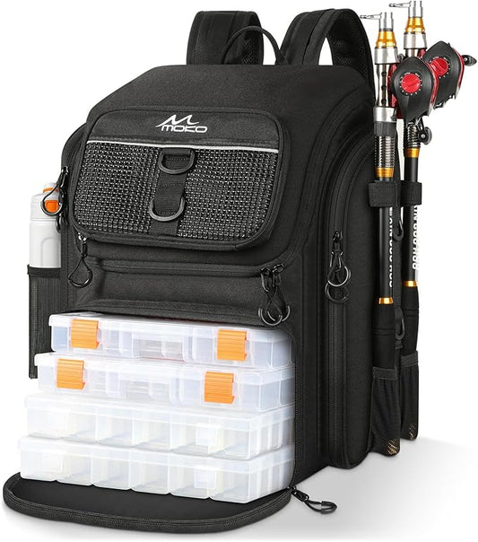 MoKo Fishing Backpack Bag, Large 40L Tackle Backpack with Rod Holders & Bait Binder Storage Fishing Gear and Equipment for Hiking Camping, Gifts for Men Father, Black