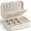Vlando Travel Jewelry Case for Women Girls Mothers, PU Leather Small Mini Jewelry Box for Rings, Necklaces, Bracelets, Earring Holder Organizer Storage for Travel Accessories, Bridesmaid Gifts - Beige