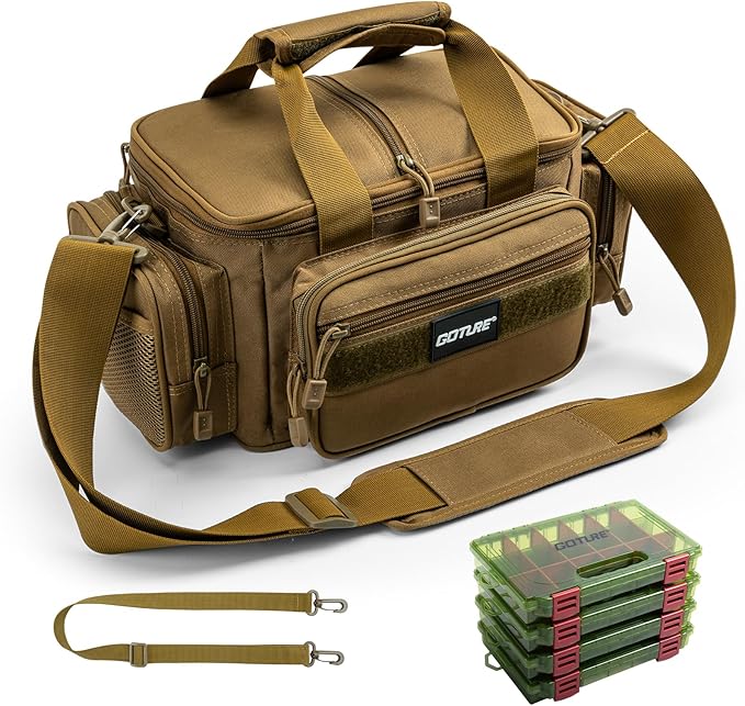 Goture Fishing Tackle Bag with 4 Tackle Boxes, Soft Side 600D Water-Resistant Cross Body Sling Fishing Bag, Small Saltwater Gear Storage Tactical Bags, Gifts for Men/Women (15.75"x9.45"x8.27")