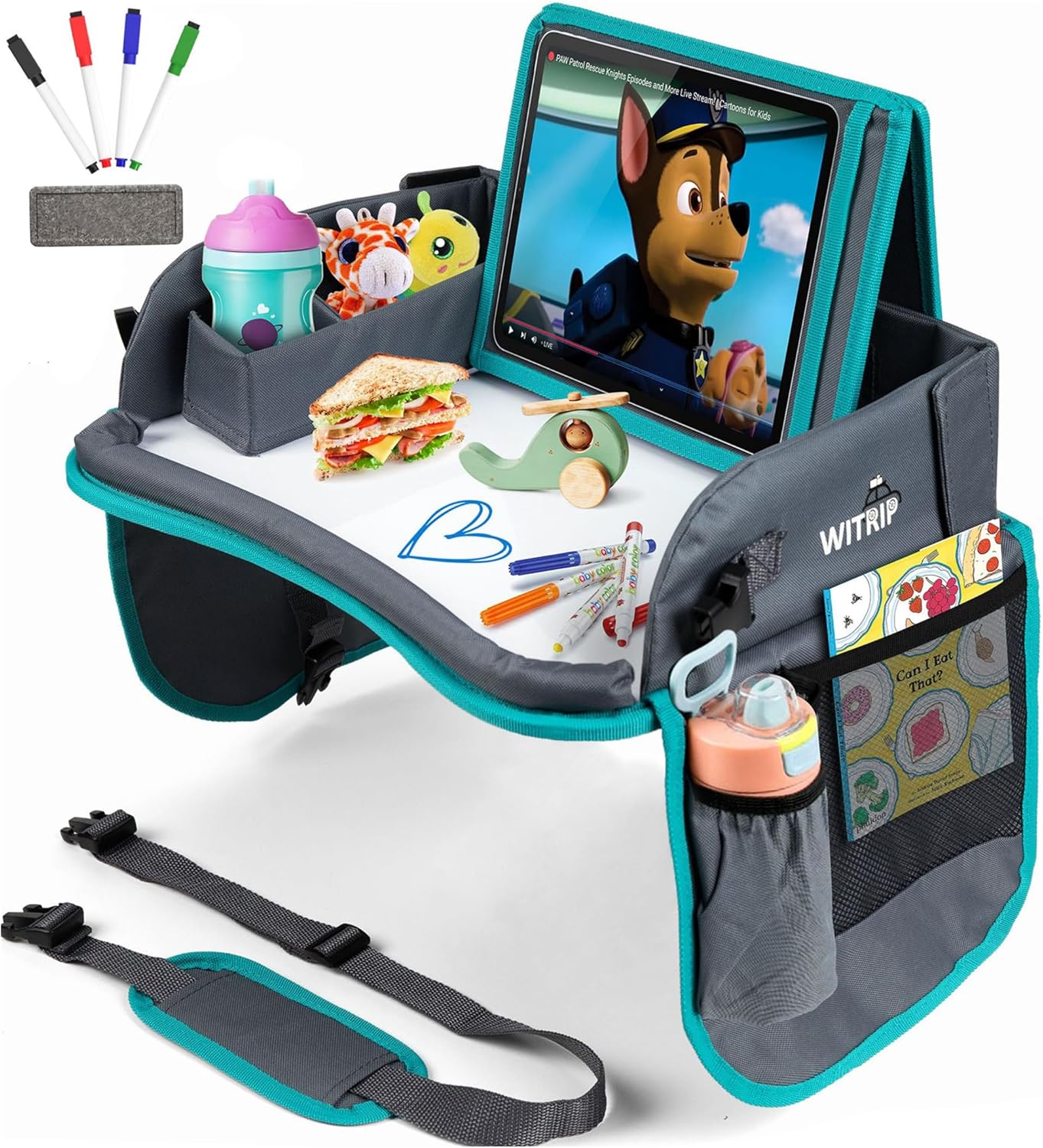 Kids Travel Tray with Dry Erase Board - Car Seat Tray for Kids Travel, Carseat Table Top for Toddler, Lap Desk for Car Seat, Activity Organizer & Snack Holder, Road Trip Essentials for Kid (Aqua)
