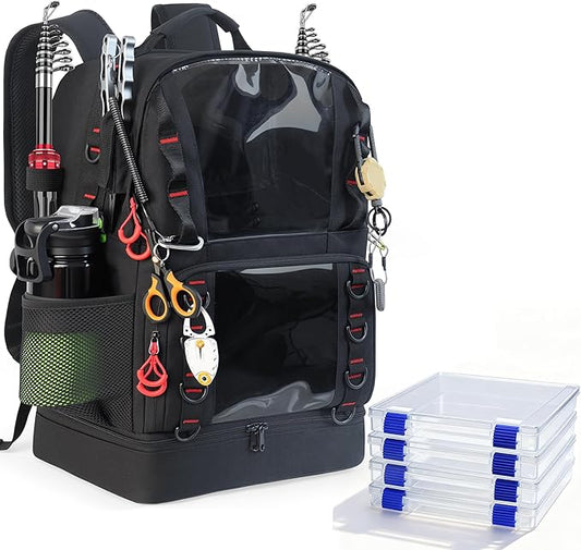 Fishing Tackle Backpack with 4 Tackle Boxes,45L Large Tackle Bag with 2 Rod Holders & Clear Window,Outdoor Fishing Backpack for Camping,Hiking,Black