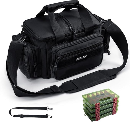 Goture Fishing Tackle Bag with 4 Tackle Boxes, Soft Side 600D Water-Resistant Cross Body Sling Fishing Bag, Small Saltwater Gear Storage Tactical Bags, Gifts for Men/Women (15.75"x9.45"x8.27")