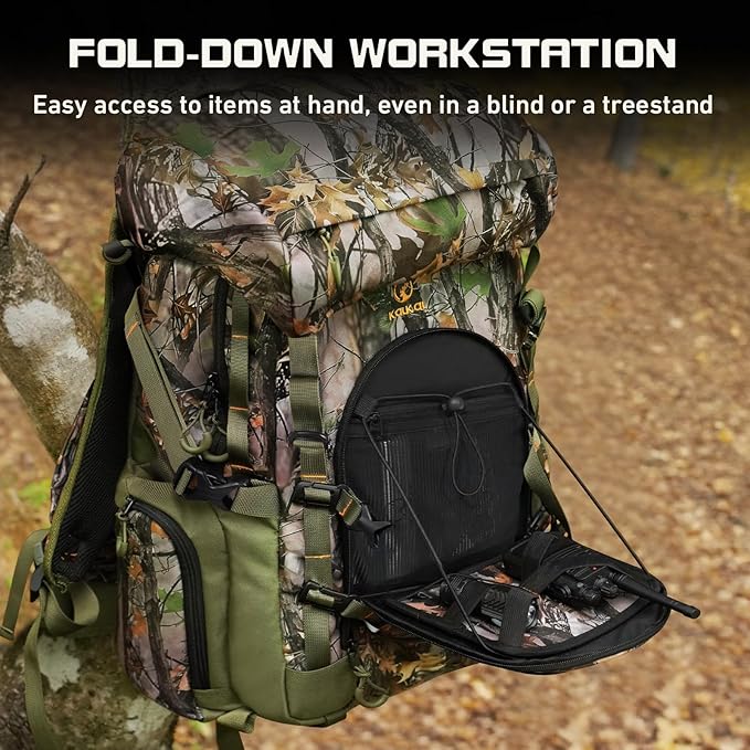 Kalkal Hunting Backpack with Buckle Quick-Release Rifle System, 42L Waterproof Silent Camo Bow Hunting Pack with Rain Cover