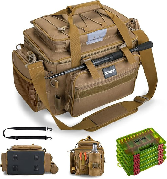 Goture Fishing Tackle Bag with 4pcs 3600 Tackle Boxes, 600D Water-Resistant Soft Side Saltwater Gear Storage Fishing Bag with Rod Straps, Detachable Water Bottle Pouch, Waterproof Bottom, SBS Zippers