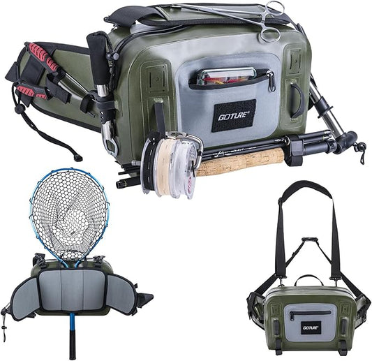 Goture Waterproof Fishing Waist Pack, IPX8 840D TPU Large Tackle Bag with Rod Holder, Airtight Zipper Closure, Fly Fishing Bag with Adjustable Waist Strap for Stream,Kayaking,Boating,Sling Fanny Pack