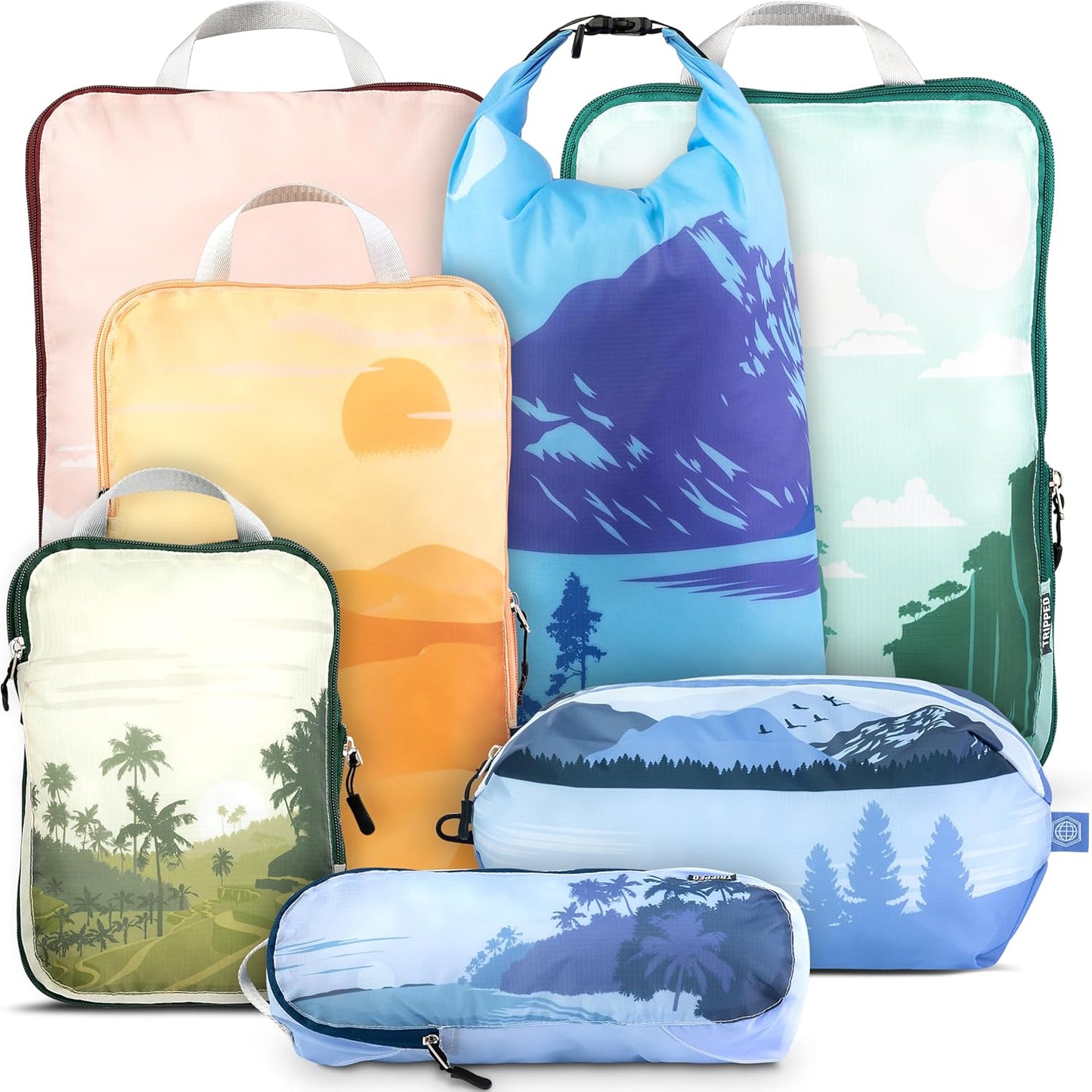Large Compression Packing Cubes for Travel-Packing Cube Luggage Organizers 7 Piece Set for Checked Luggage-Ultralight, Expandable/Compression Bags by TRIPPED Travel Gear (Landscape) - Roamly