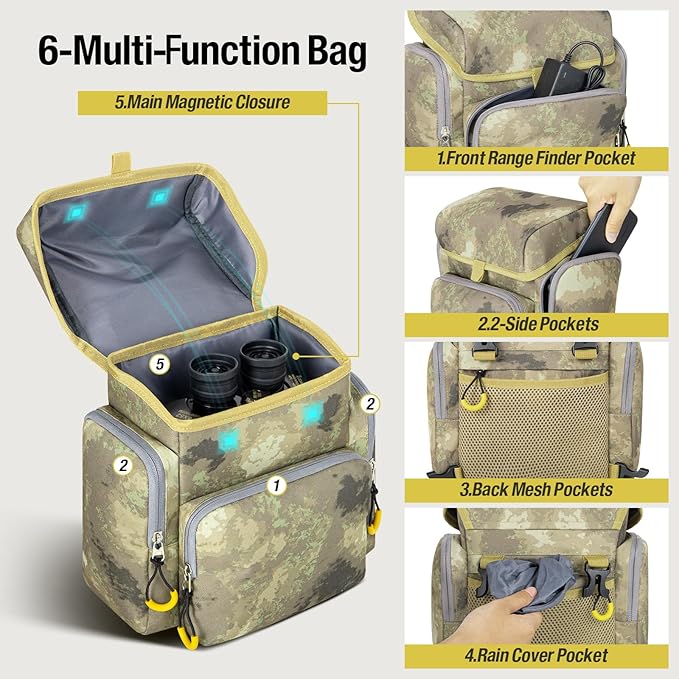 OCKLILY Binocular Harness Chest Pack - Lightweight Binocular Case with Rangefinder Pouch & Waterproof Rain Cover - for Hunting, Birdwatching, and Hiking
