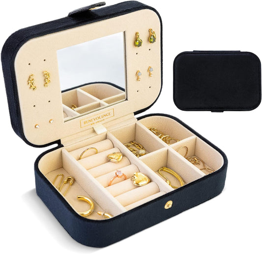 Benevolence LA Plush Velvet Travel Jewelry Storage Box | Earring Organizer with Mirror | Small Case for Women's Accessories | Gift for Mom, Sister, Girlfriend - Ebony