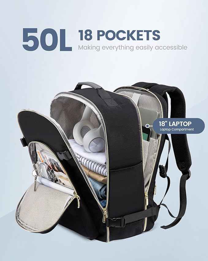 LOVEVOOK Travel Backpack for Women & Men 50L,Airline Approved Carry On Backpack Travel Essentials,TSA Carry on Luggage,Waterproof Personal Item Travel Bag,Suitcase with 3 Packing Cubes,Black-Grey