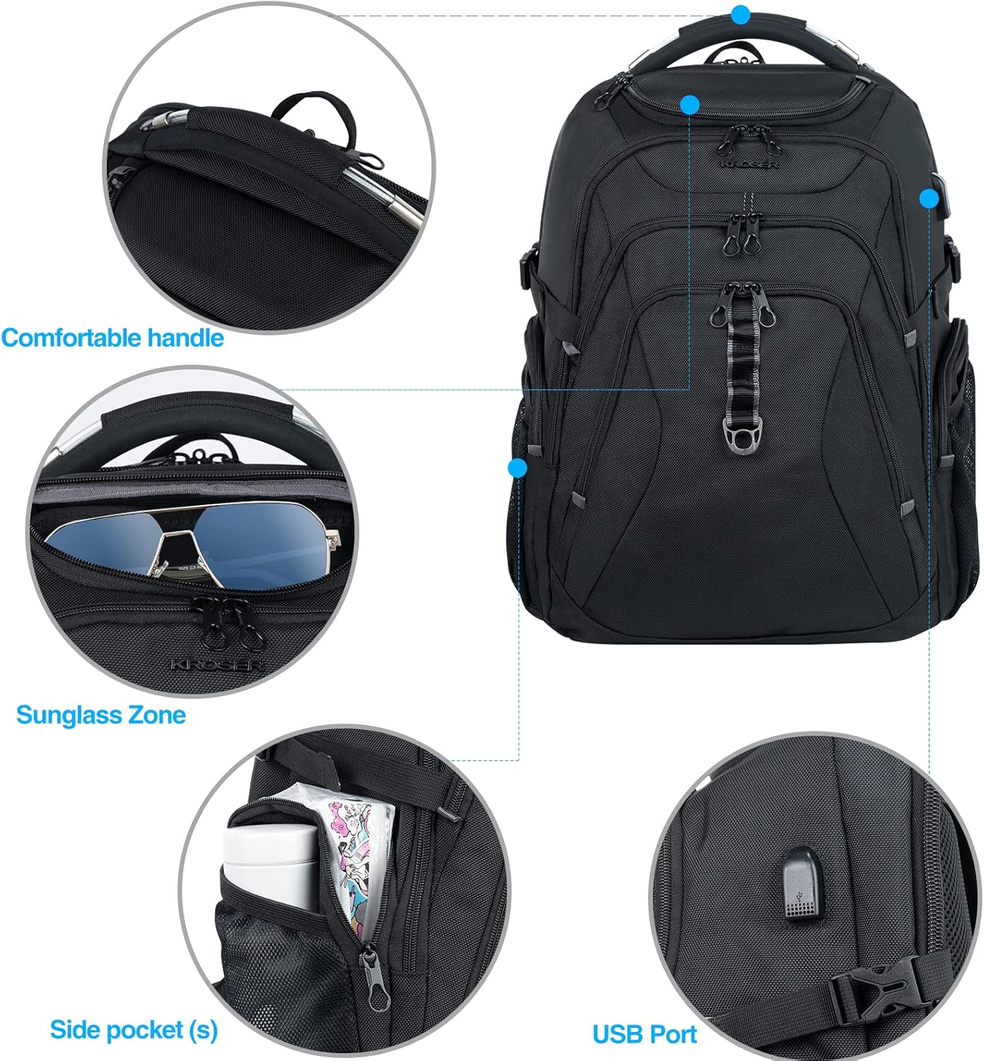 KROSER Travel Laptop Backpack 18.4 Inch XXXL Gaming Backpack with Hard Shell Saferoom RFID Pockets Water-Repellent Business College Daypack Stylish Laptop Bag for Men/Women-Black - Roamly