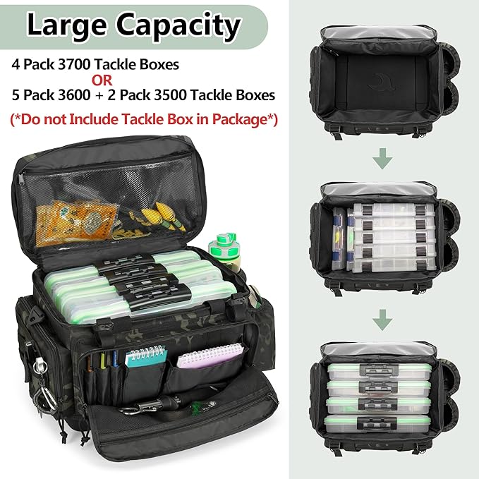 GOBUROS Waterproof Fishing Tackle Bag with Waterproof EVA Bottom (No Tackle Boxes in Package), Soft Tackle Box Storage Bag with Rod Holder, Pliers Storage for Fishing