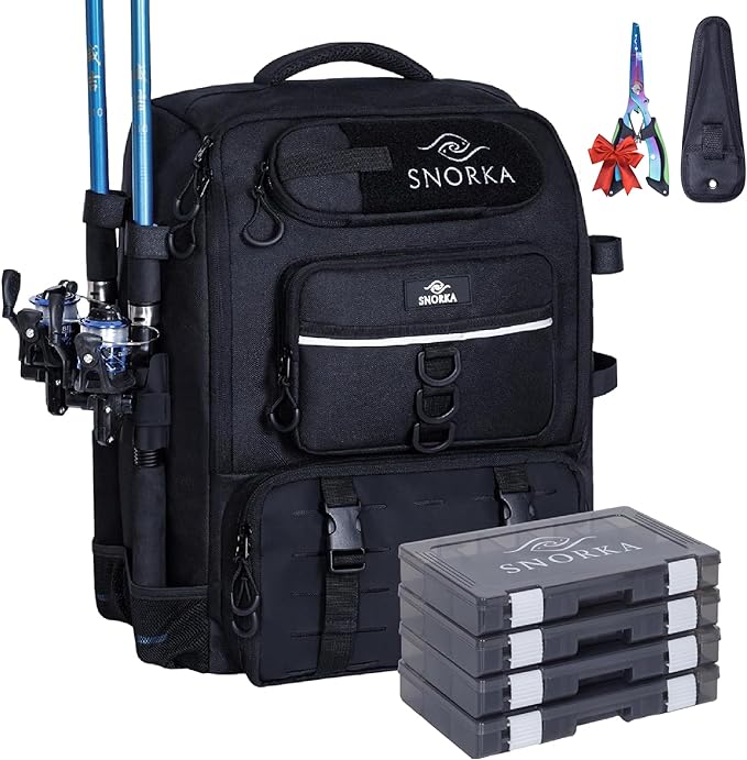 Fishing Backpack with Tackle Boxes and Rod Holders 40L; Plus Rain Cover, Padded Back Support, Insulated Front Pocket for Hot/Cold Lunch, Water Bottle Holder (Tactical Black)