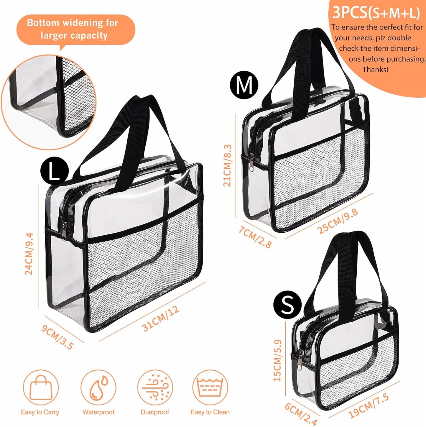 XEWEA Large Small Clear Travel Toiletry Bags with Handles & Pocket for Men Women, 3PCS TSA Approved Transparent Makeup Bag,Waterproof PVC Quart Organizer with Zipper for Toiletries Airline Essentials - Roamly