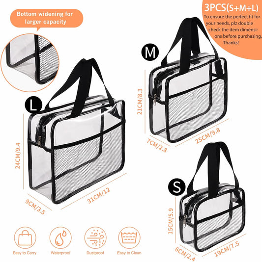 XEWEA Large Small Clear Travel Toiletry Bags with Handles & Pocket for Men Women, 3PCS TSA Approved Transparent Makeup Bag,Waterproof PVC Quart Organizer with Zipper for Toiletries Airline Essentials - Roamly
