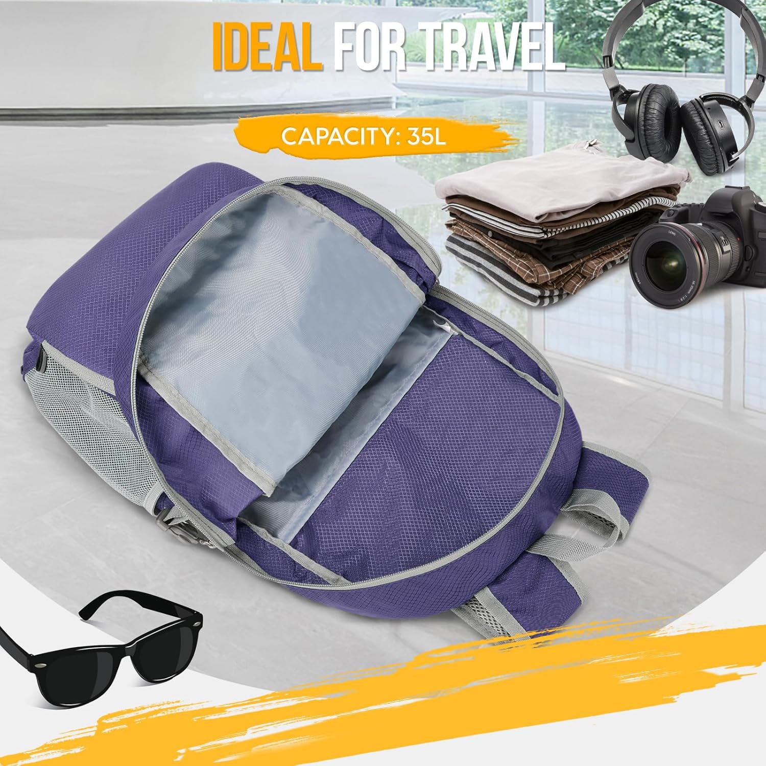 ZOMAKE Lightweight Packable Backpack 35L, Light Foldable Backpacks Water Resistant Collapsible Hiking Bag, Compact Folding Day Pack for Travel Camping(Purple) - Roamly