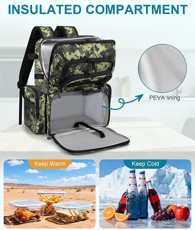 HXLGMD Fishing Backpack with Rod Holders, 43L Large Water Resistant Tackle Bag Storage Gear and Equipment with Cooler for Men Fishing, Camping, Hiking, Green