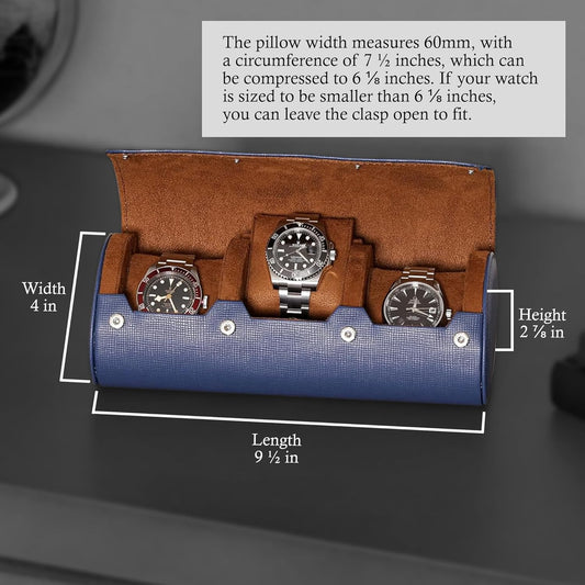 ROTHWELL Watch Roll Travel Case for 3 Watches | Tough Portable Protection, Fits All Wrist Watch & Smart Watches Up to 50mm (Blue/Tan)