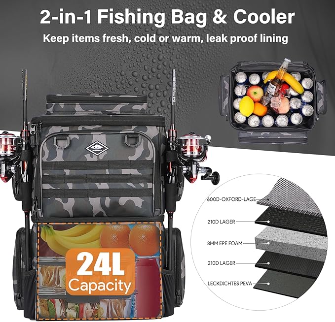 Fishing Tackle Backpack with Cooler Bag, 53L Waterproof Fishing Bag with 2 Rod Holders, Large Fishing Backpacks with Bottle Holder & Coolers, Tackle Storage, Heavy Duty Outdoor Cooler Backpack for Men