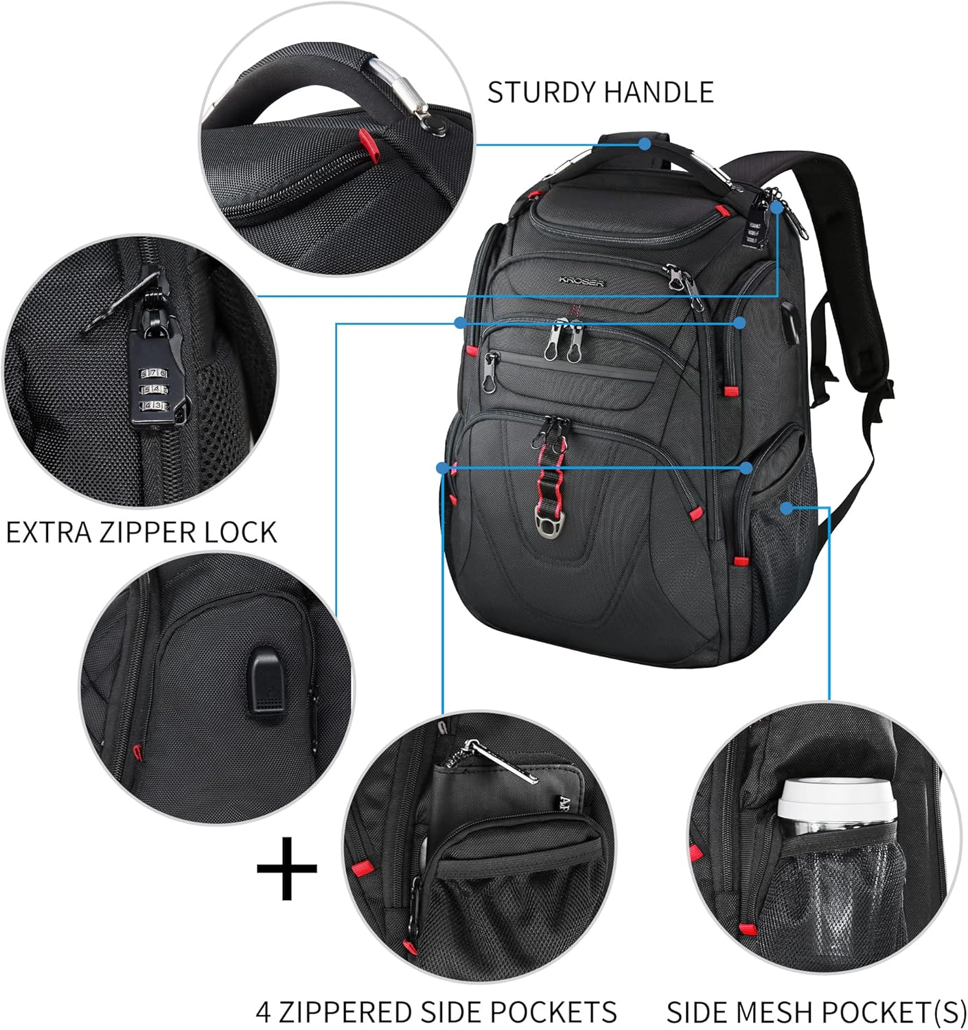 KROSER TSA Friendly Travel Laptop Backpack 17.3 inch XL Computer Backpack Water-Repellent College Daypack Business Backpack with RFID Pockets & USB Port for Men/Women-Black - Roamly