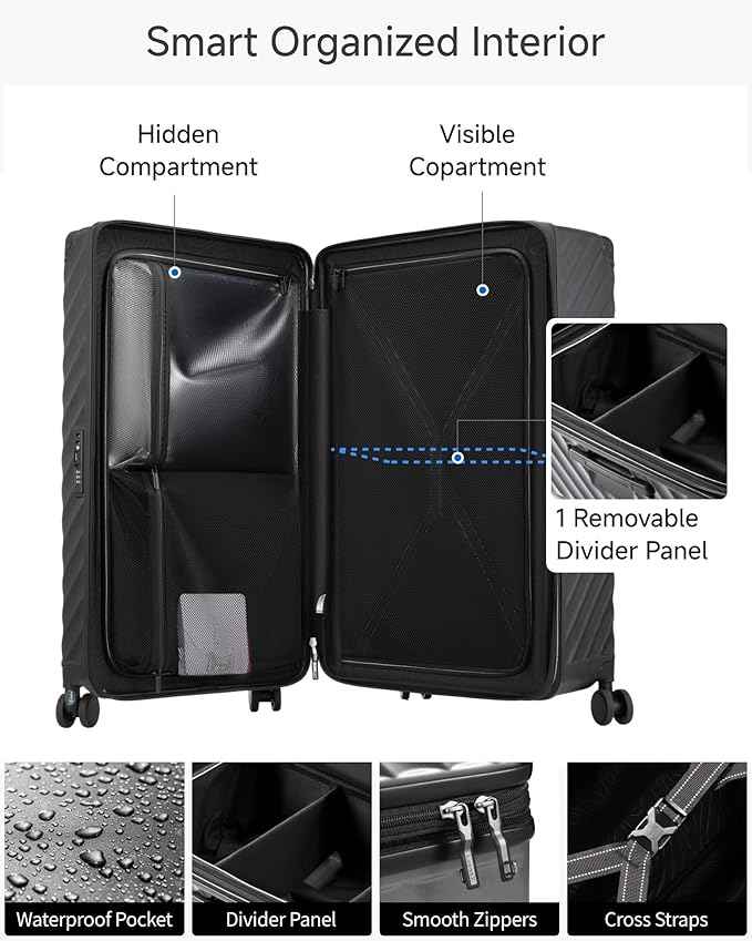 LUGGEX Trunk Luggage,KVT Expandable PC Hard Shell Medium Checked 24 Inch Suitcase with Shock - Absorbing Wheels & TSA Lock(EX-Pro,Charcoal Metallic,24 inch,72L - 80L)