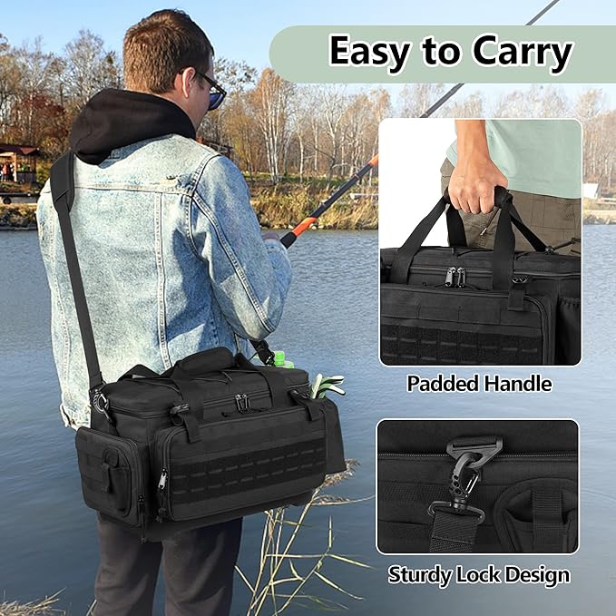 GOBUROS Waterproof Fishing Tackle Bag with Waterproof EVA Bottom (No Tackle Boxes in Package), Soft Tackle Box Storage Bag with Rod Holder, Pliers Storage for Fishing