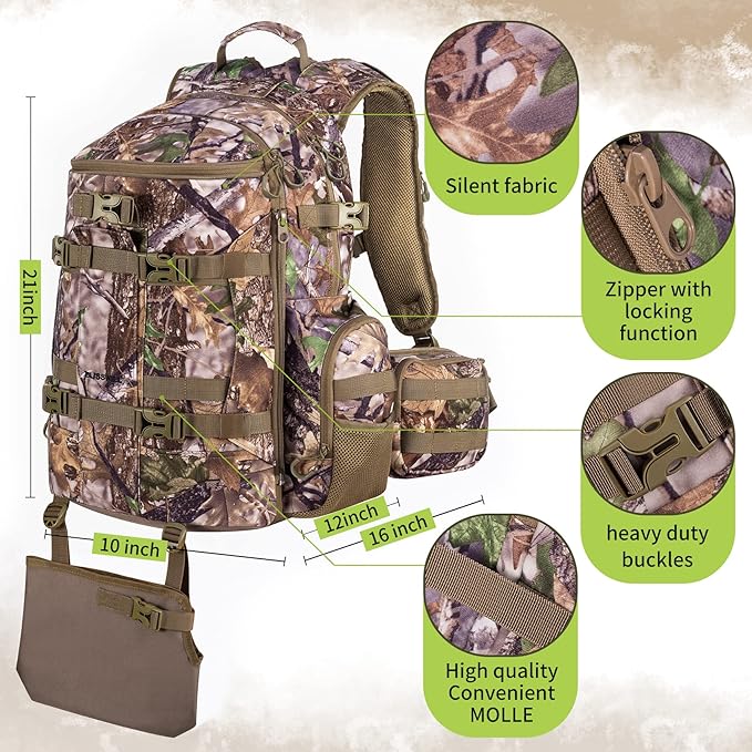 BLISSWILL Large Hunting Backpack with padded weapon compartment for Bow Rifle with Waterproof Rain Cover Hunting Gear Accessories 40L(Supercamo Timber)
