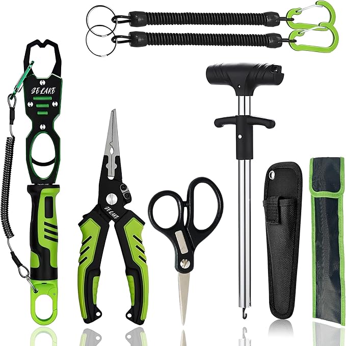 Selake 7 PCS Complete Fishing Tools Set, Fish Lip Gripper with Scale, Fishing Pliers, Hook Remover, Line Cutter & Scissors, Corrosion Resistant for Saltwater Freshwater Kayak Ice Fishing