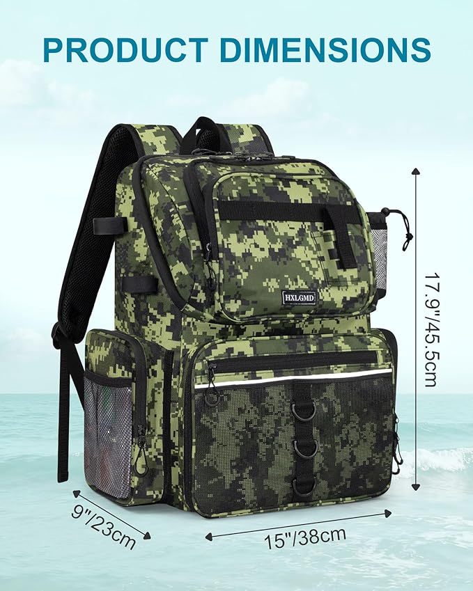 HXLGMD Fishing Backpack with Rod Holders, 43L Large Water Resistant Tackle Bag Storage Gear and Equipment with Cooler for Men Fishing, Camping, Hiking, Green