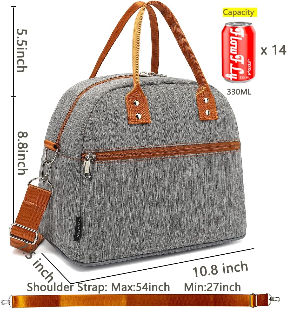 FlowFly Insulated Lunch Bag With Shoulder Strap for Women, Men, and Kids, Large and Reusable, Handle, Freezable Work and School Travel Tote and Meal Prep Organizer,Grey