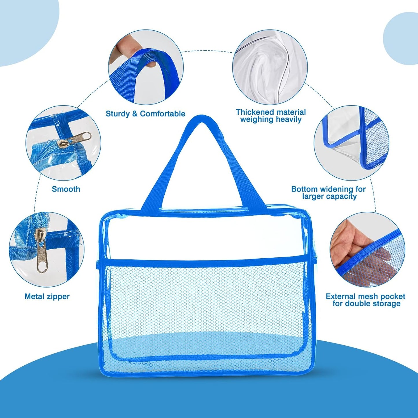 XEWEA Clear Travel Toiletry Bags, 3 Pack TSA Approved Transparent Makeup Bag for Men Women, Large Waterproof PVC Quart Organizer with Zipper for Toiletries Airline Essentials,Toy Storage Pouch Blue - Roamly