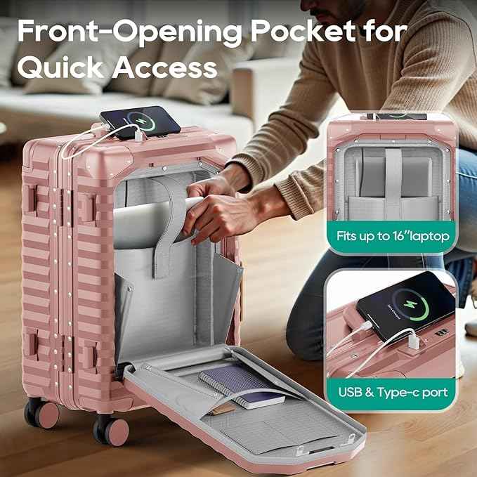 Joyway 20 Inch Carry on Luggage with Aluminium Frame and Front Pocket, PC Hardshell Suitcase with USB Port and Cup Holder, 21.5x14.2x9 Airline Approved, Luggage with Spinner Wheel TSA Lock(Rose Gold)