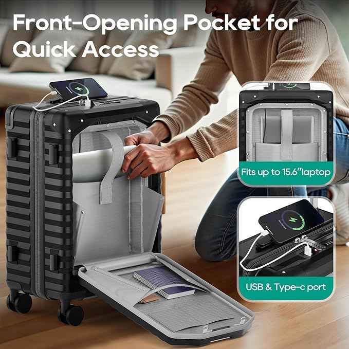 Joyway 20 Inch Carry on Luggage with Front Pocket, PC Hardshell Carry-on Suitcase with USB Port and Cup Holder, 21.5x14.2x9 Airline Approved, Luggage with Spinner Wheels and TSA Lock (Black)